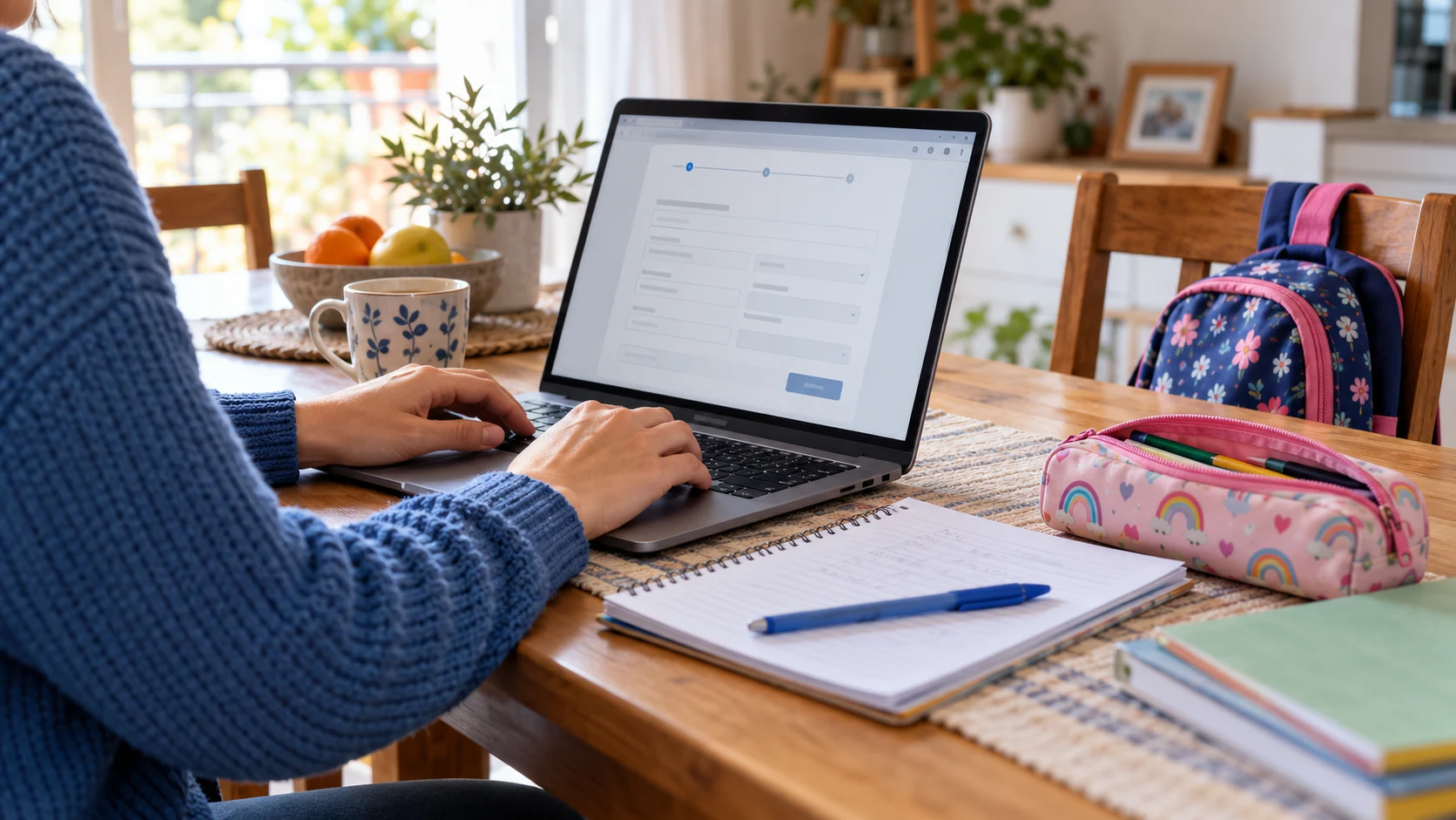 A parent using a laptop at a table with a school notebook and a child’s backpack