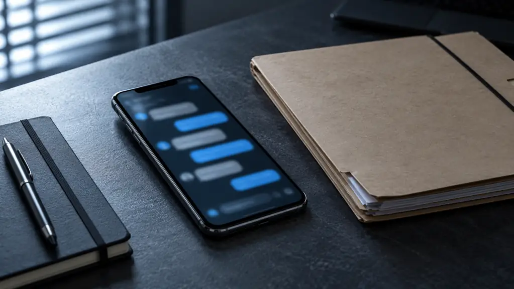 Phone with blurred chat bubbles beside a closed folder and notebook