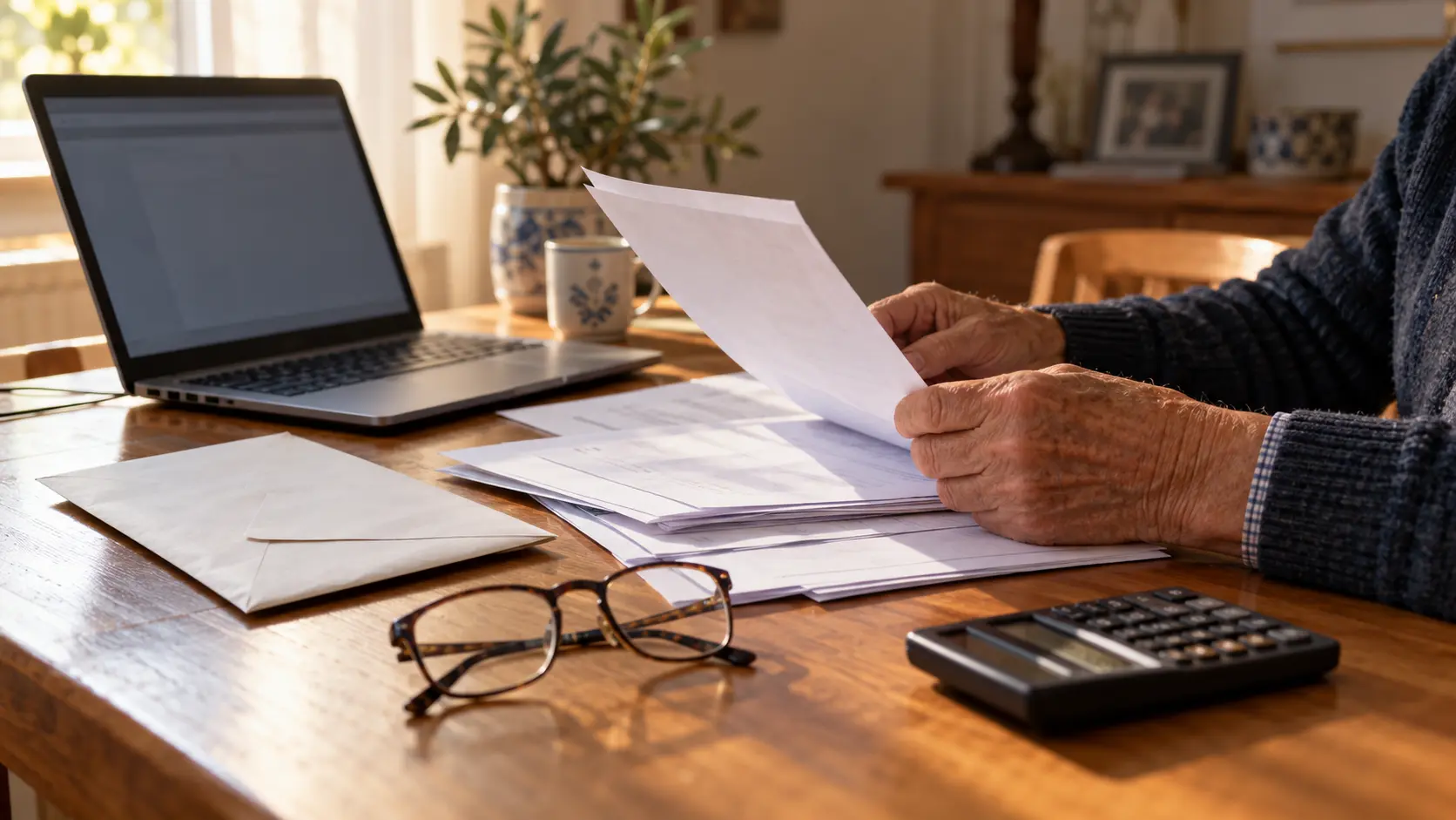 An older person’s hands reviewing paperwork beside a laptop, envelope and calculator