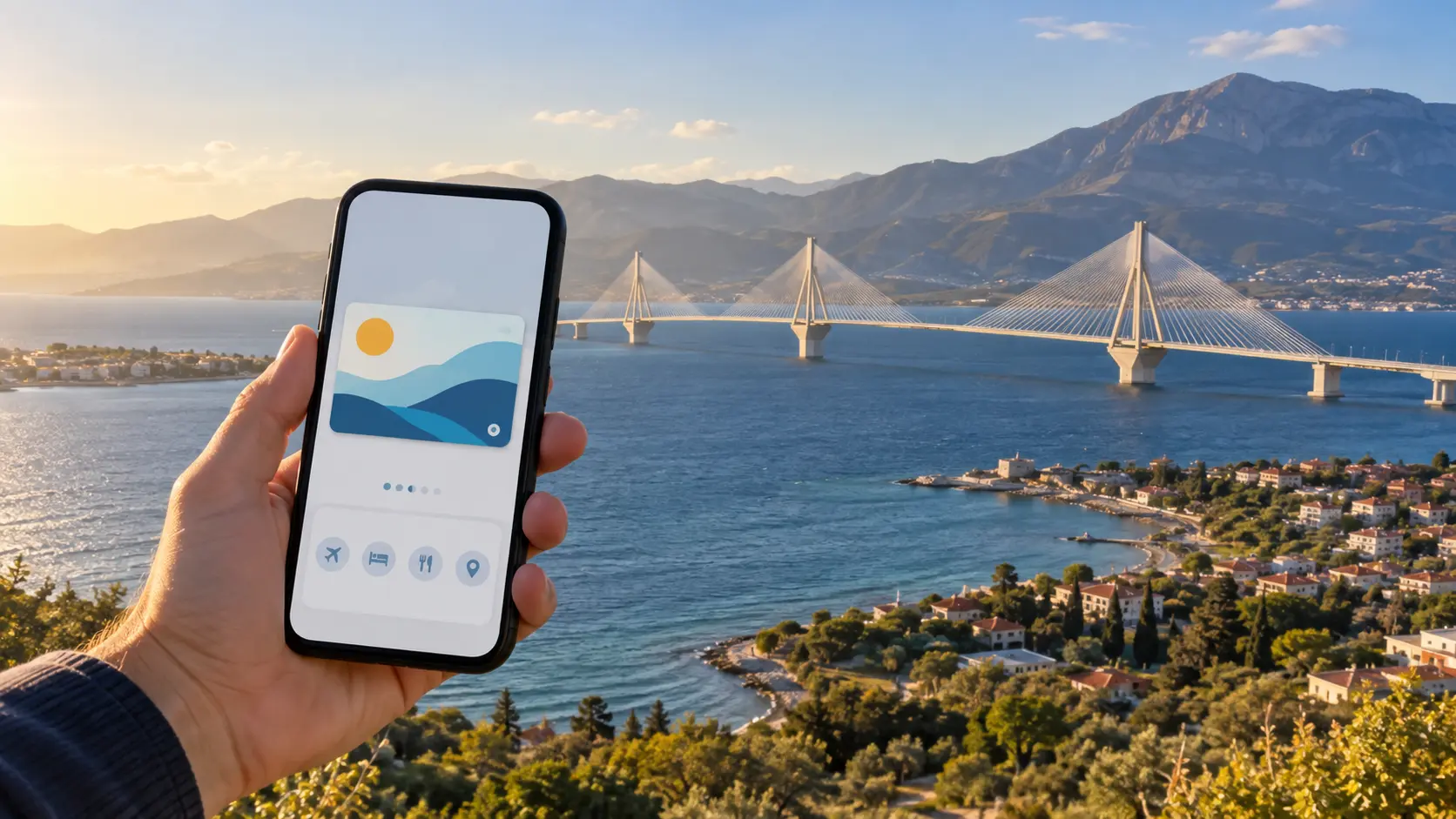 Digital travel card on a smartphone with the Rio–Antirrio bridge in the background