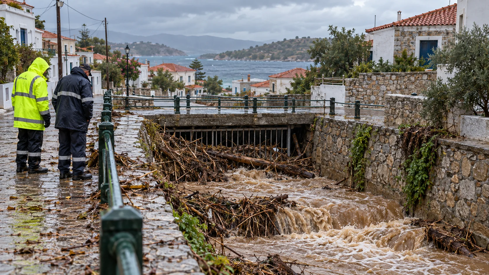 Workers inspecting runoff and storm debris in an island village