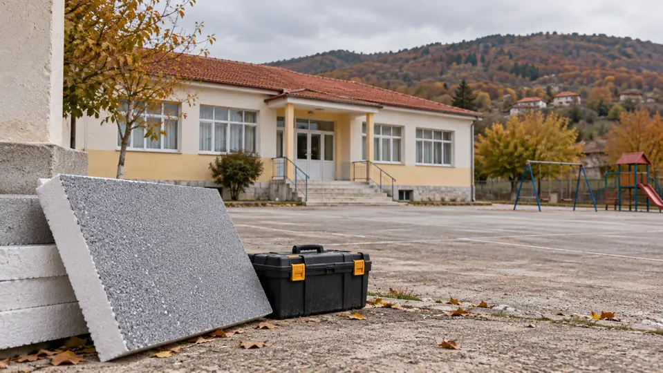 Insulation panels and a toolbox outside a generic school building in a rural settlement