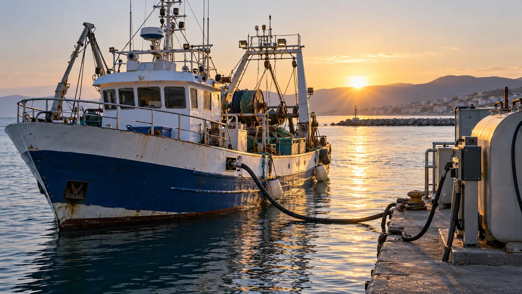 Professional fishing vessel refuelling in a Greek harbour