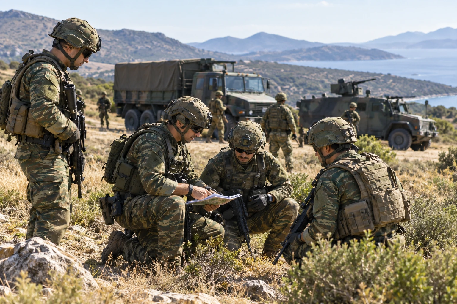 AI-generated illustration of military training with soldiers and military vehicles