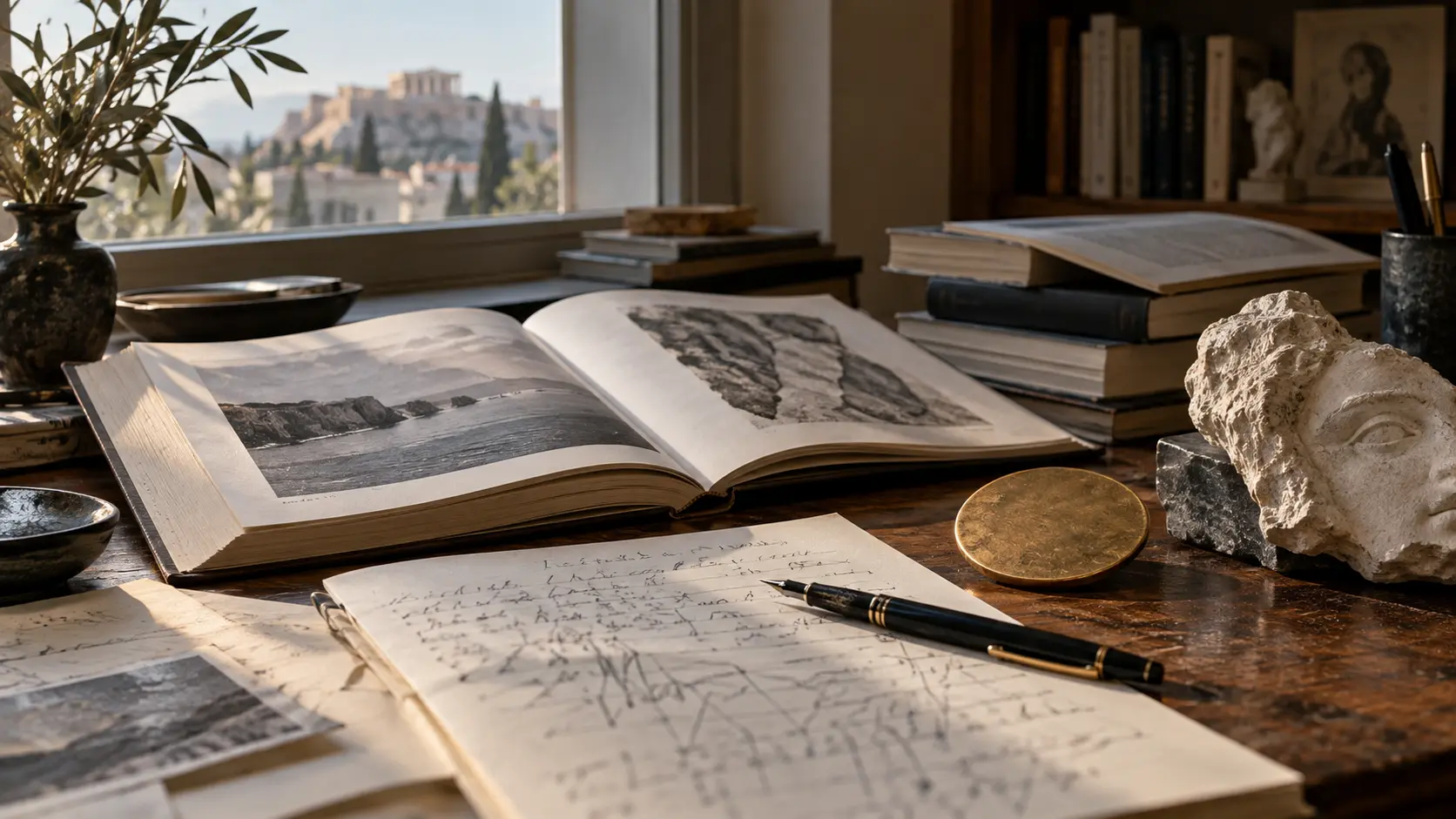 Open books, handwritten notes and an uninscribed medal on a desk evoking the classical tradition