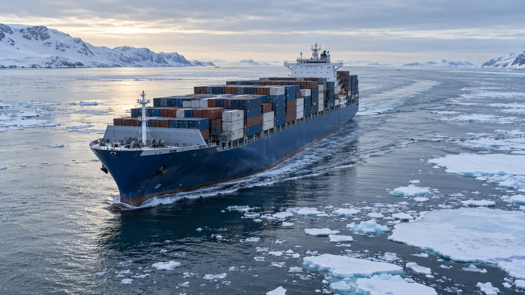 Container ship navigating an open sea passage between small ice floes in the Arctic