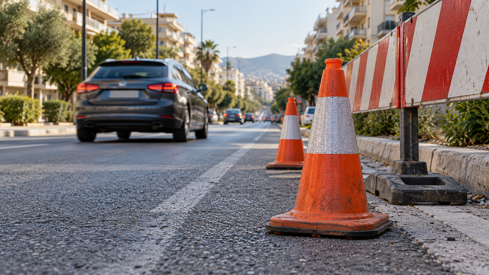 Cones and a portable barrier in the right lane of an urban road, with a passing car