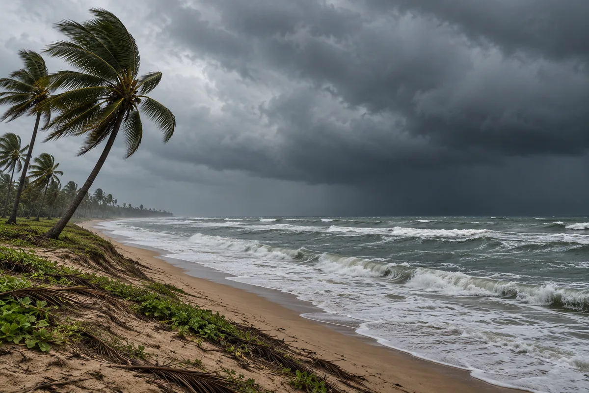 Palm trees on a coastline with rough seas and dense clouds
