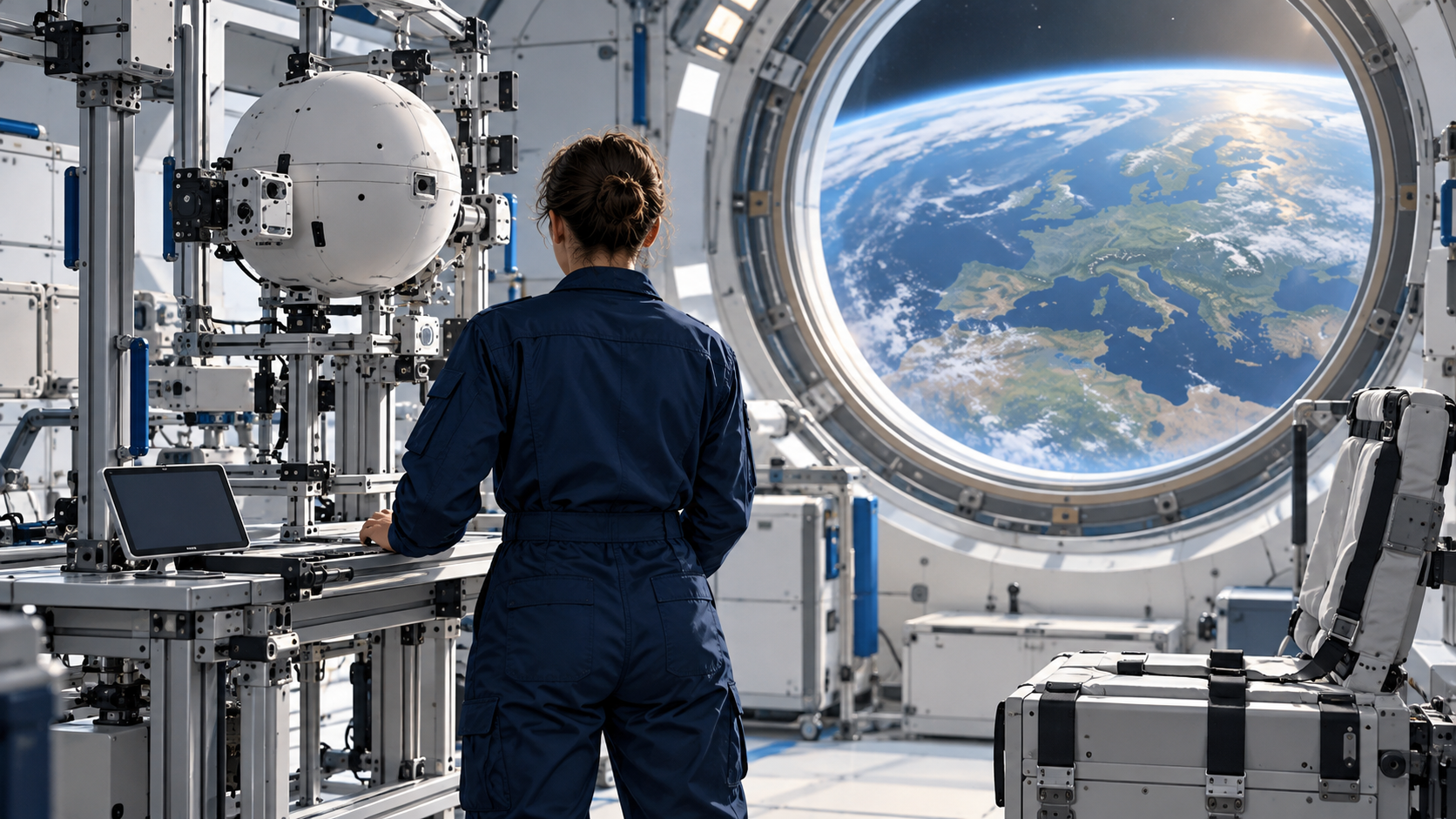 Trainee in a flight suit inside a space-station training laboratory
