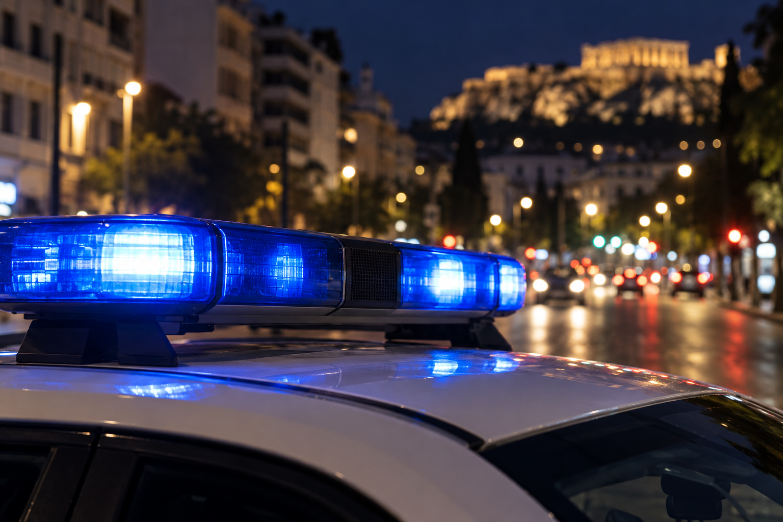 Blue light bar on a police vehicle against a blurred night-time Athens background