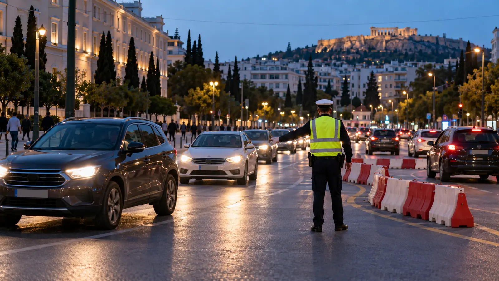 Traffic officer directs vehicles at a temporary diversion in central Athens