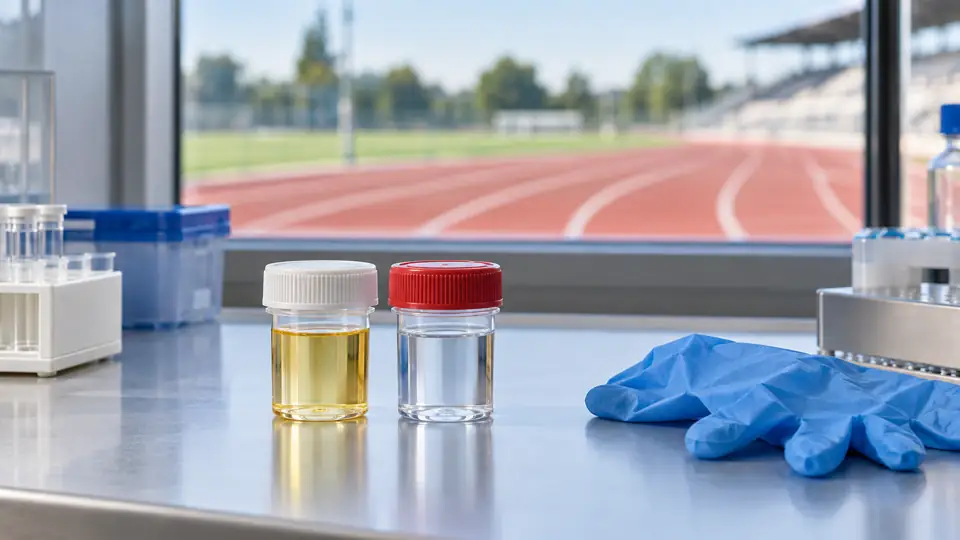Sealed sample containers and gloves on a laboratory bench overlooking a running track