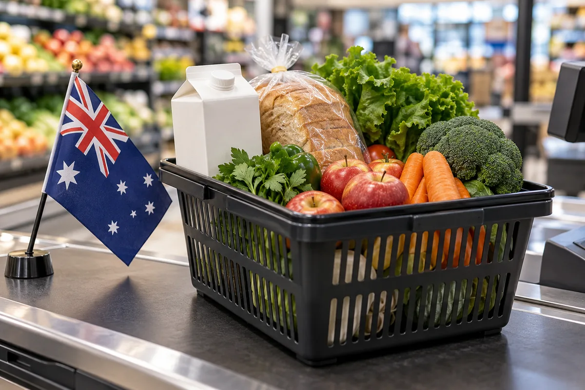Grocery basket at a checkout beside an Australian flag