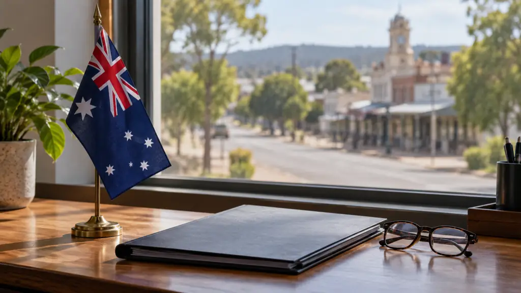 Australian flag, closed folder and glasses on a quiet office desk