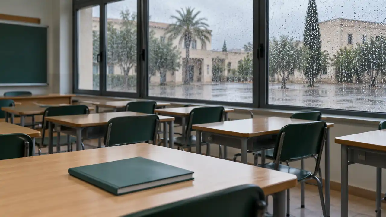 Empty classroom with green chairs, a closed notebook and raindrops on the windows