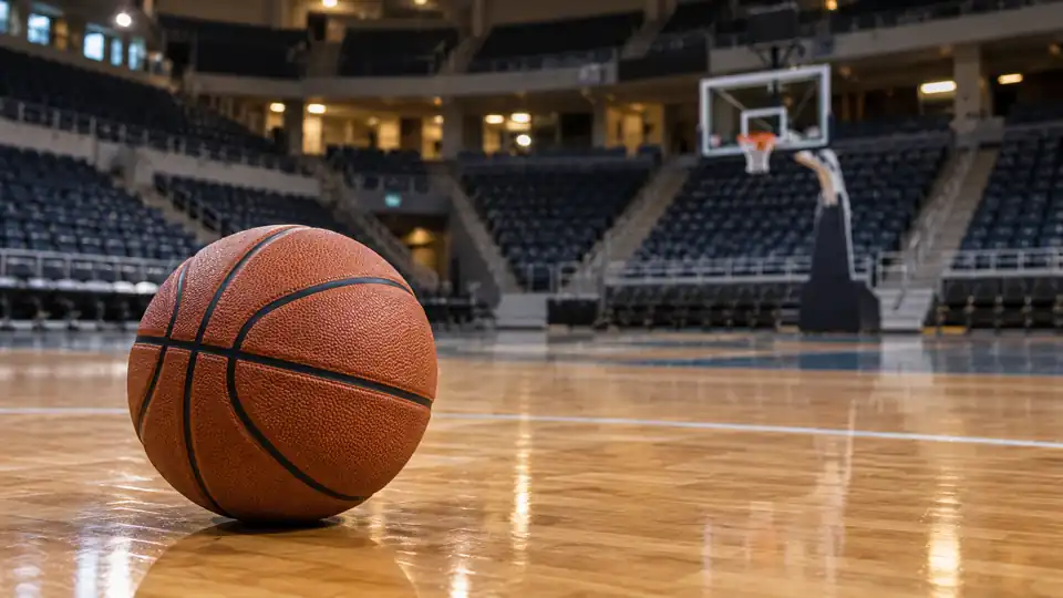 A basketball on the wooden floor of an empty indoor arena