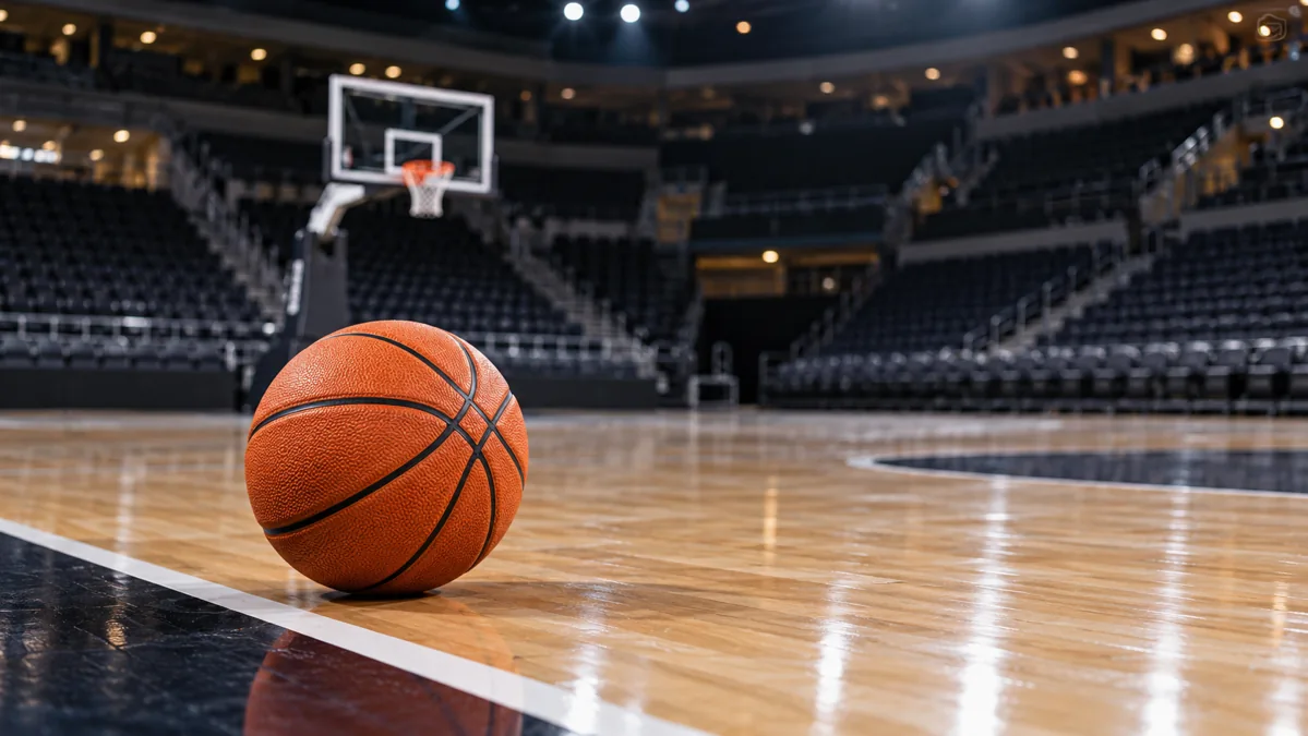 Basketball on an indoor court with empty stands