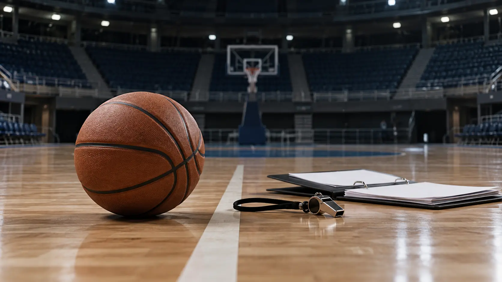 Basketball, referee whistle and open folder on the floor of an empty indoor arena