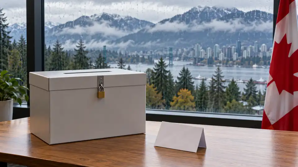 A sealed ballot box and folded ballot in front of a Canadian coastal landscape