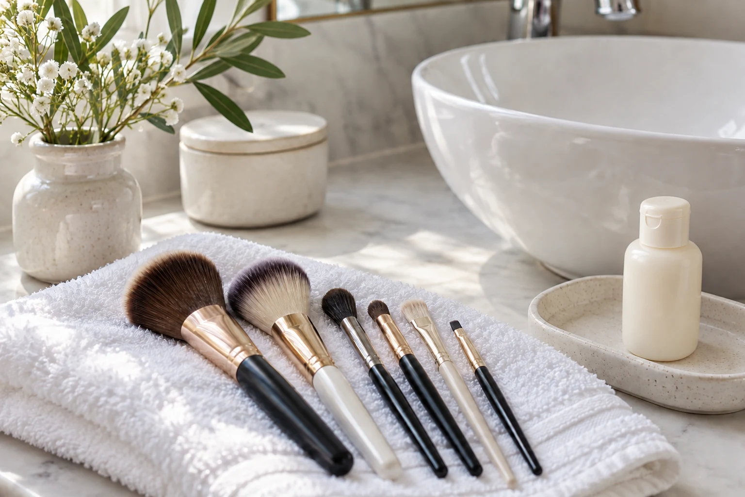 Clean makeup brushes and a plain cleansing container beside a towel
