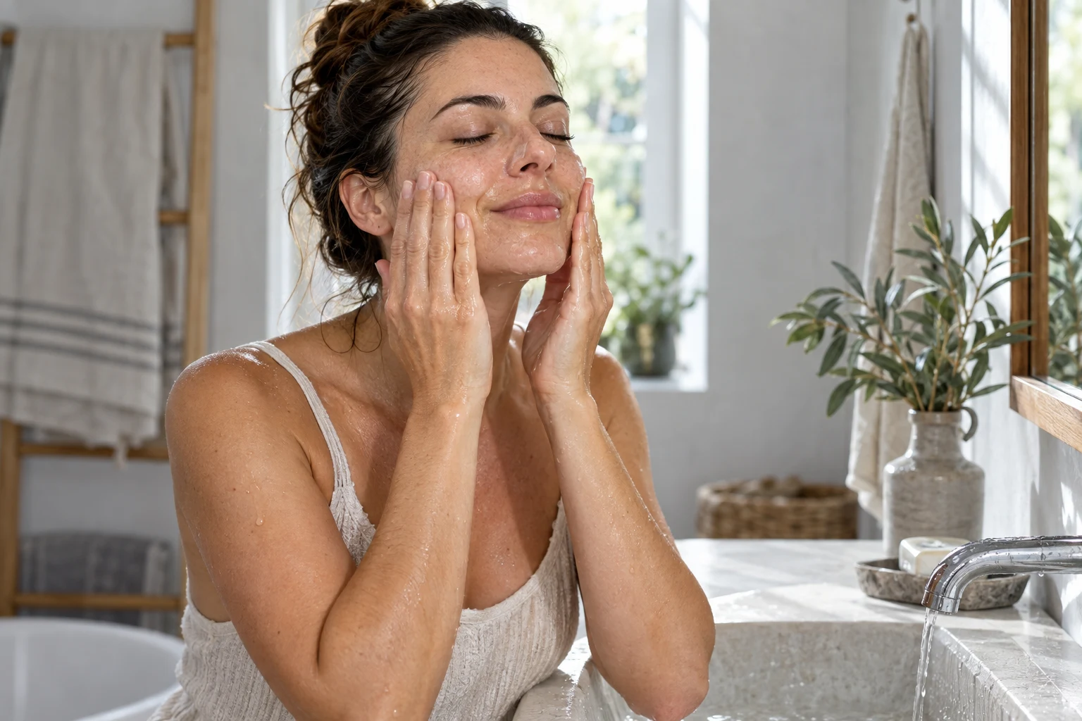 Woman gently cleansing her face with fingertips in a bright bathroom