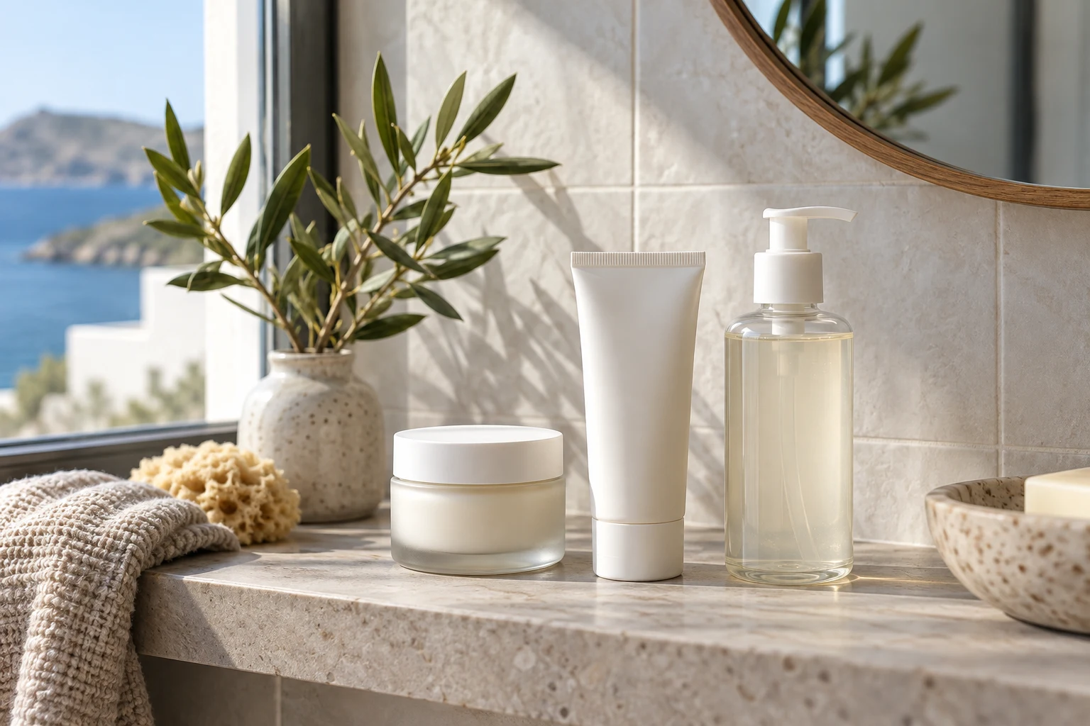 Three plain skin-care containers without brands on a bathroom shelf