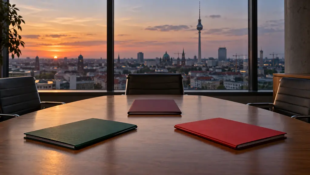 Three closed folders on an empty conference table with Berlin in the background