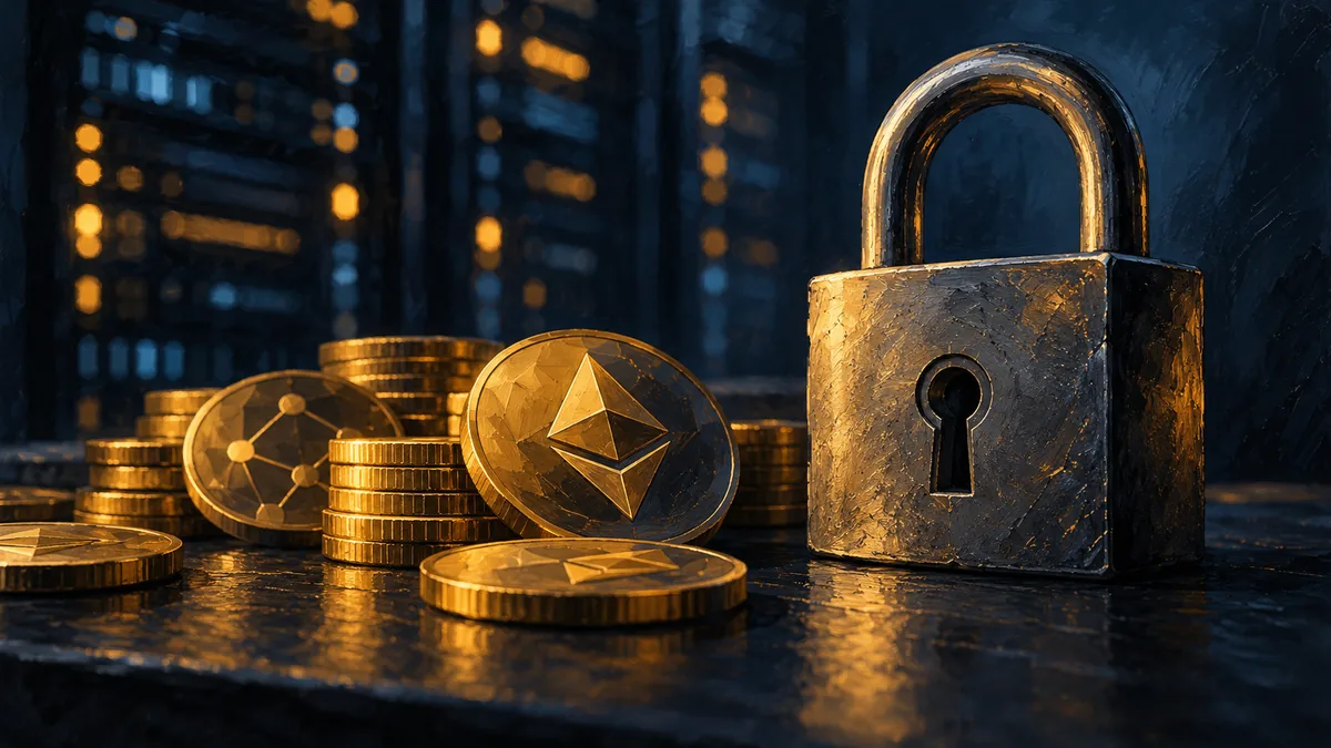 Painted illustration of a padlock and digital coins in front of servers
