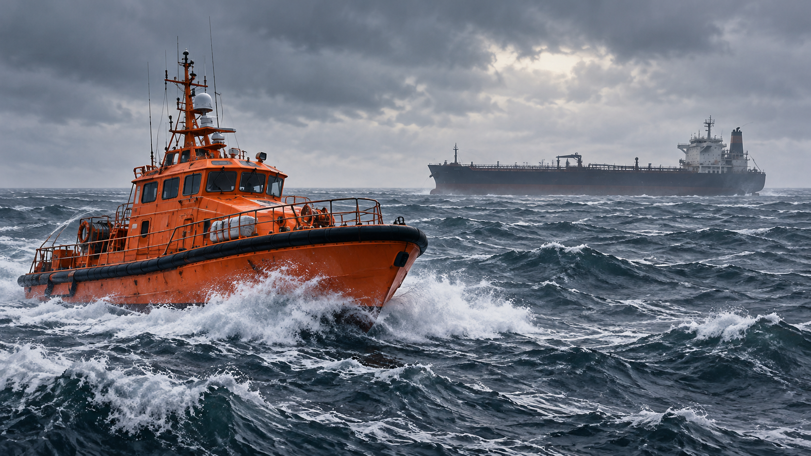 Rescue vessel in rough seas, with a tanker in the distance