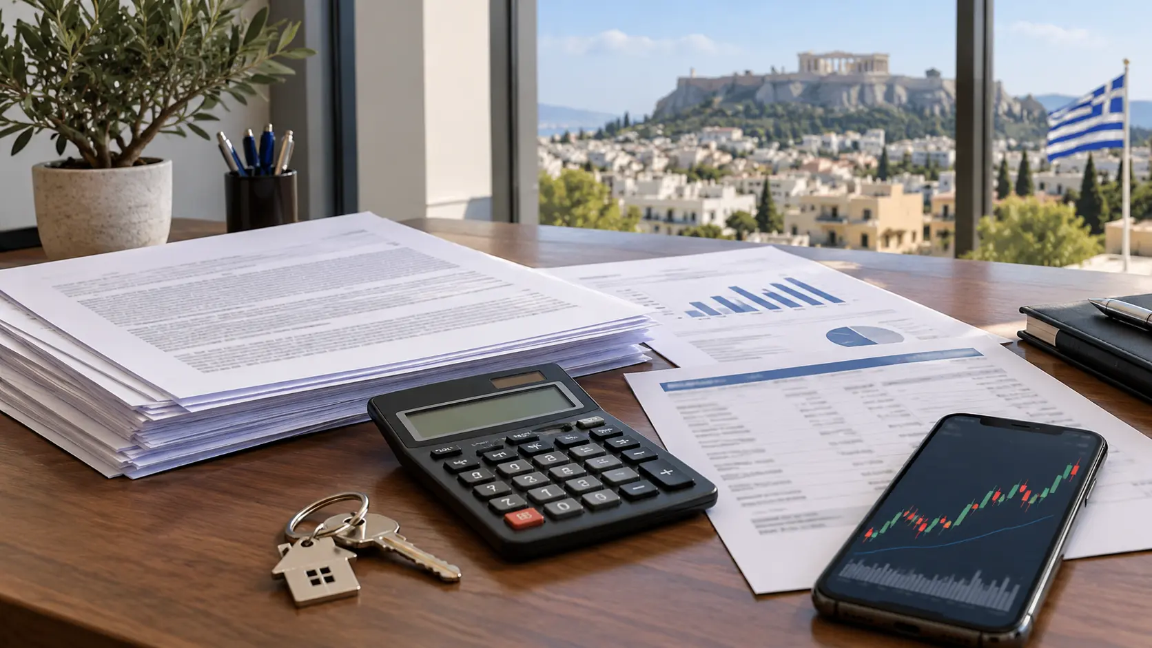Draft bill, calculator, house key and phone displaying a financial chart