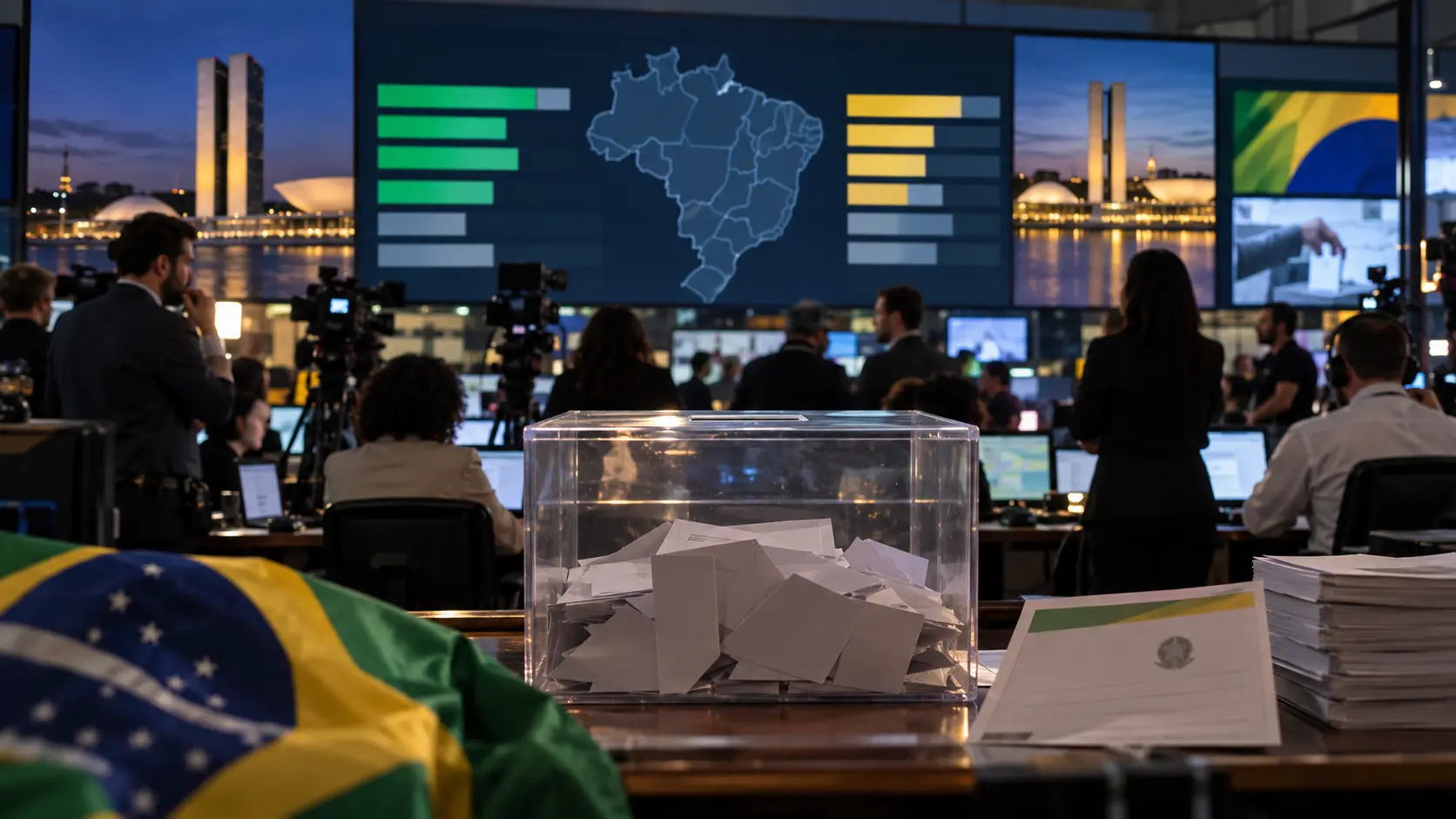 A ballot box at a Brazilian election counting centre with a map of the country and result screens in the background