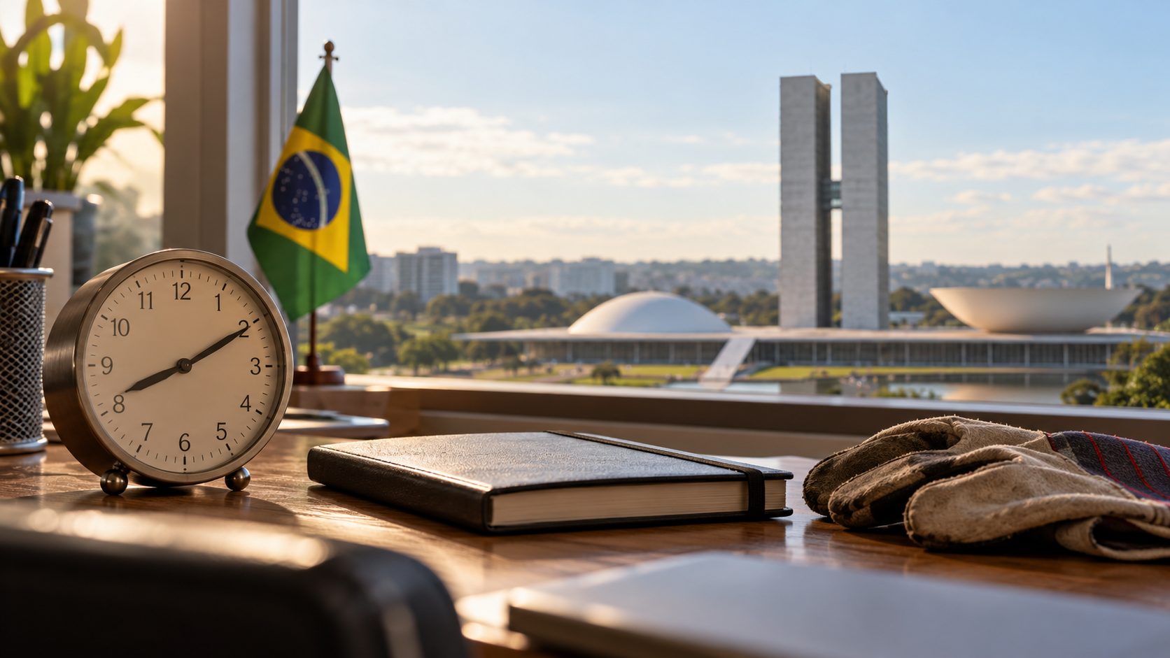 Clock, notebook and work gloves with a Brazilian flag in the background