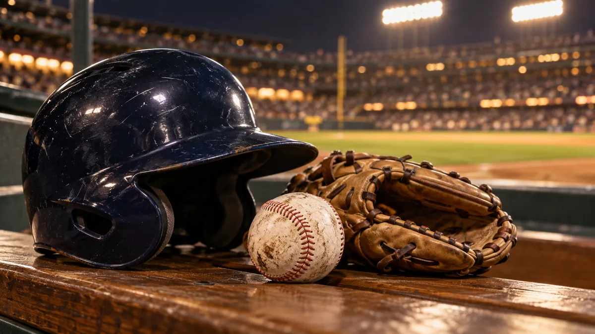 Baseball, glove and helmet on a dugout bench with a floodlit field behind