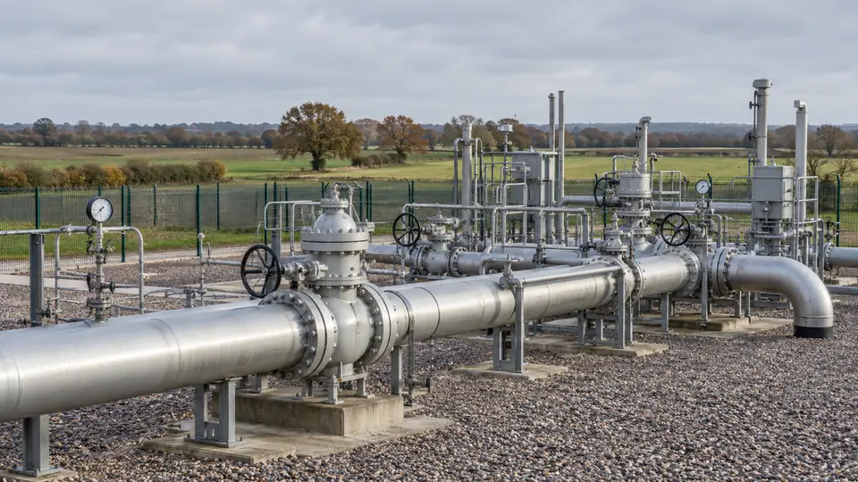 Pipes, valves and gauges at a natural gas pressure regulation facility
