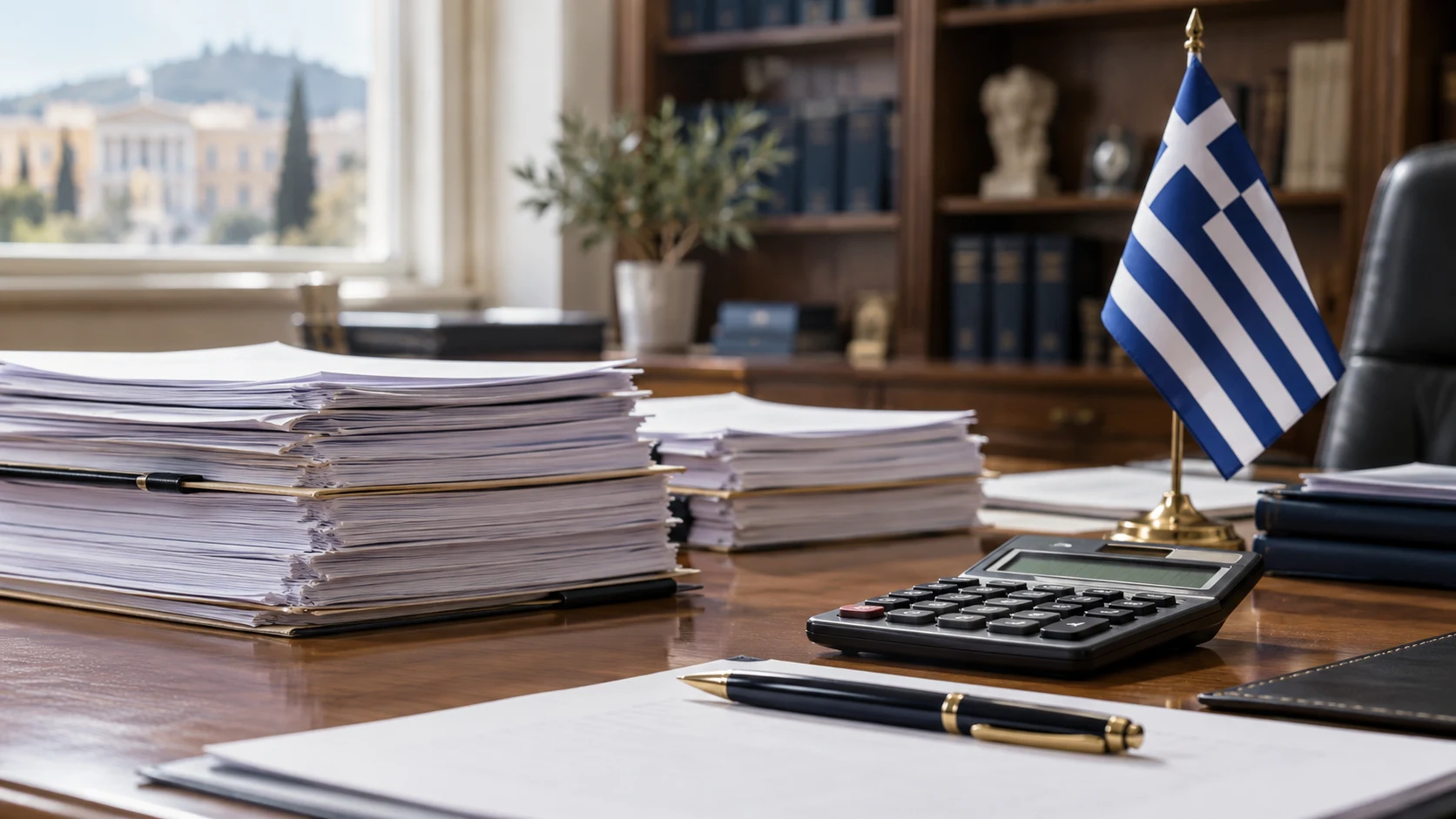 Documents, a calculator and a Greek flag on an office desk