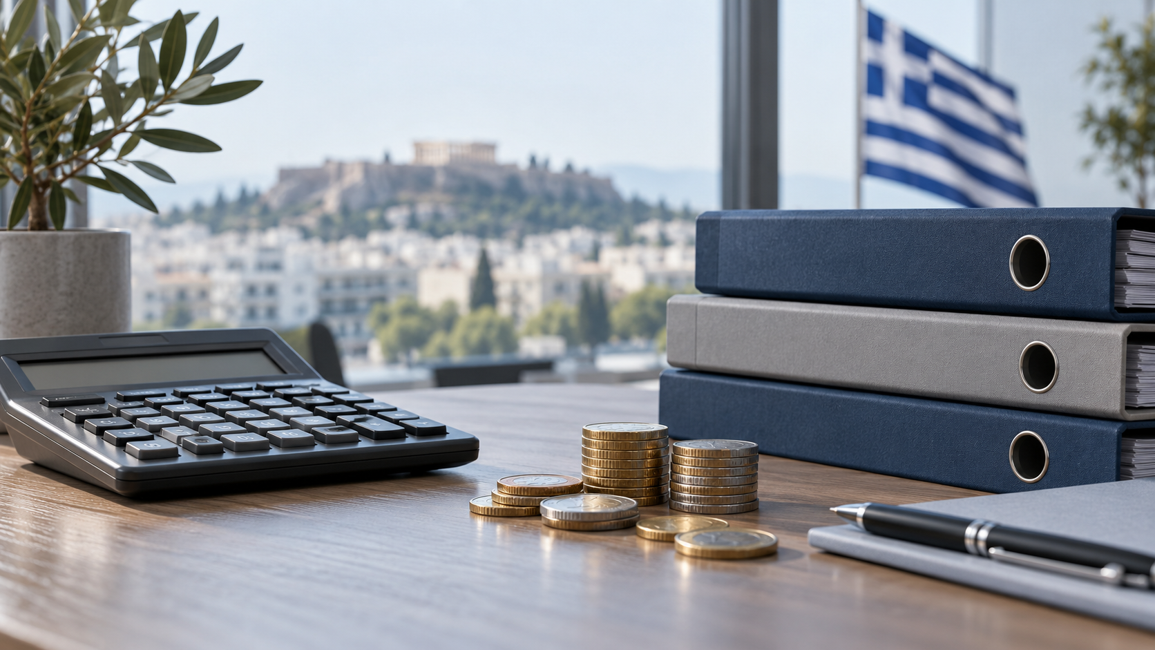 Calculator, folders and euro coins on a desk with a Greek flag in the background