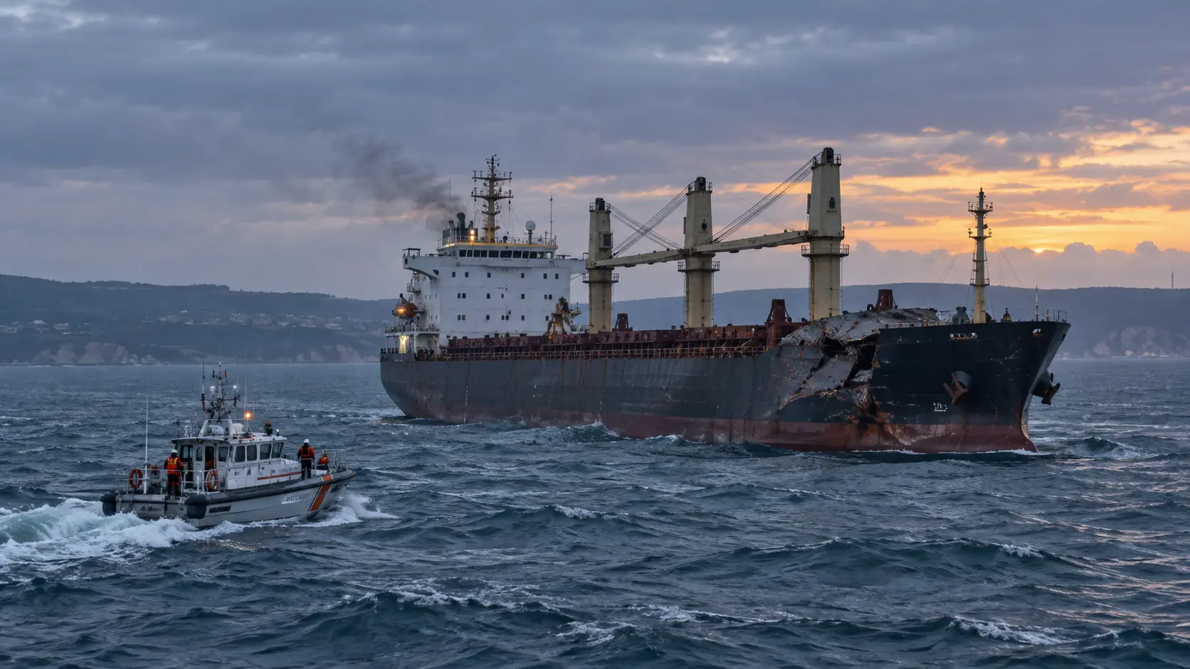 A damaged cargo ship and a rescue vessel in the Black Sea
