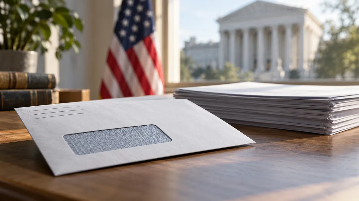 An envelope and papers on a desk, with a US flag and courthouse in the background