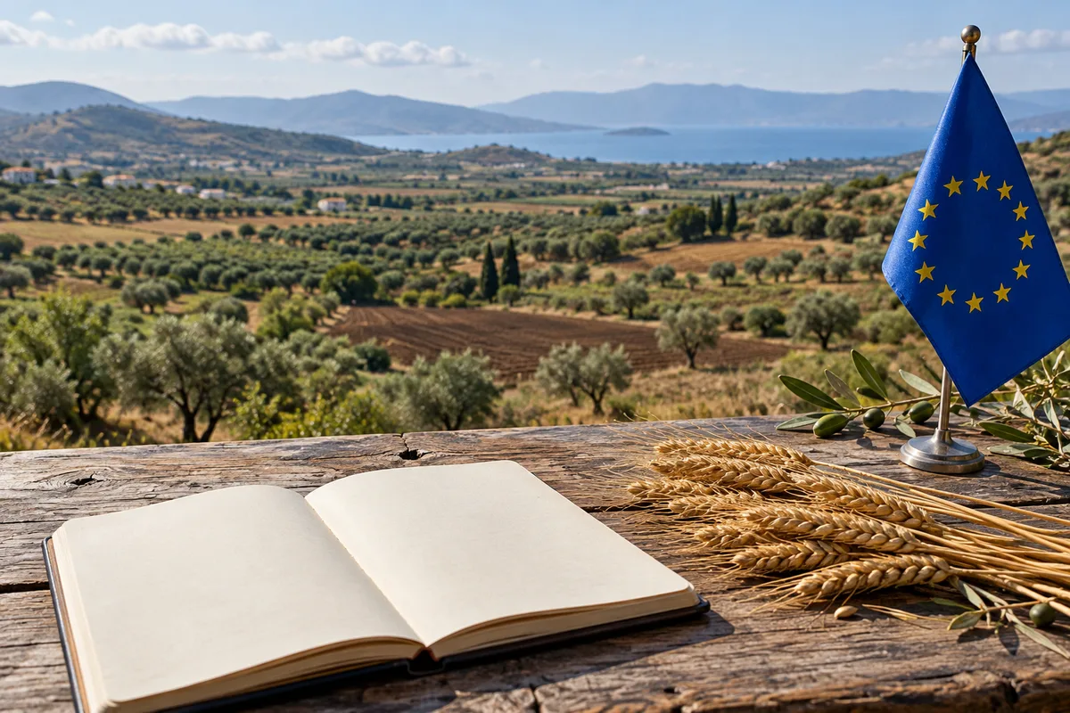 European flag, wheat and an open notebook overlooking farmland