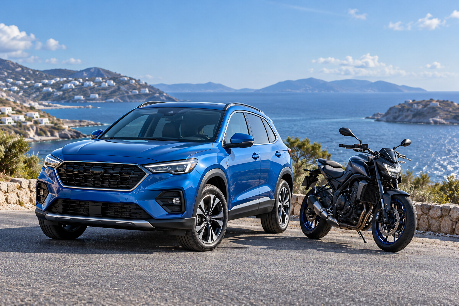 A blue car and motorcycle on a coastal road