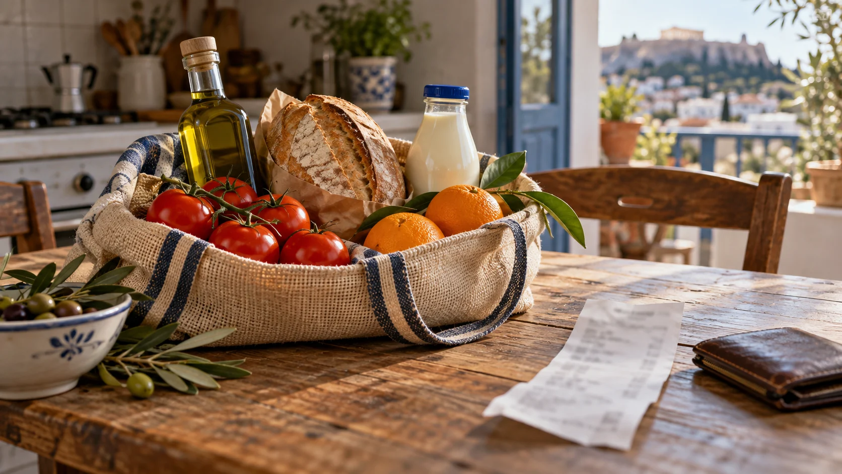 Basket of basic groceries, a receipt and a wallet on a table