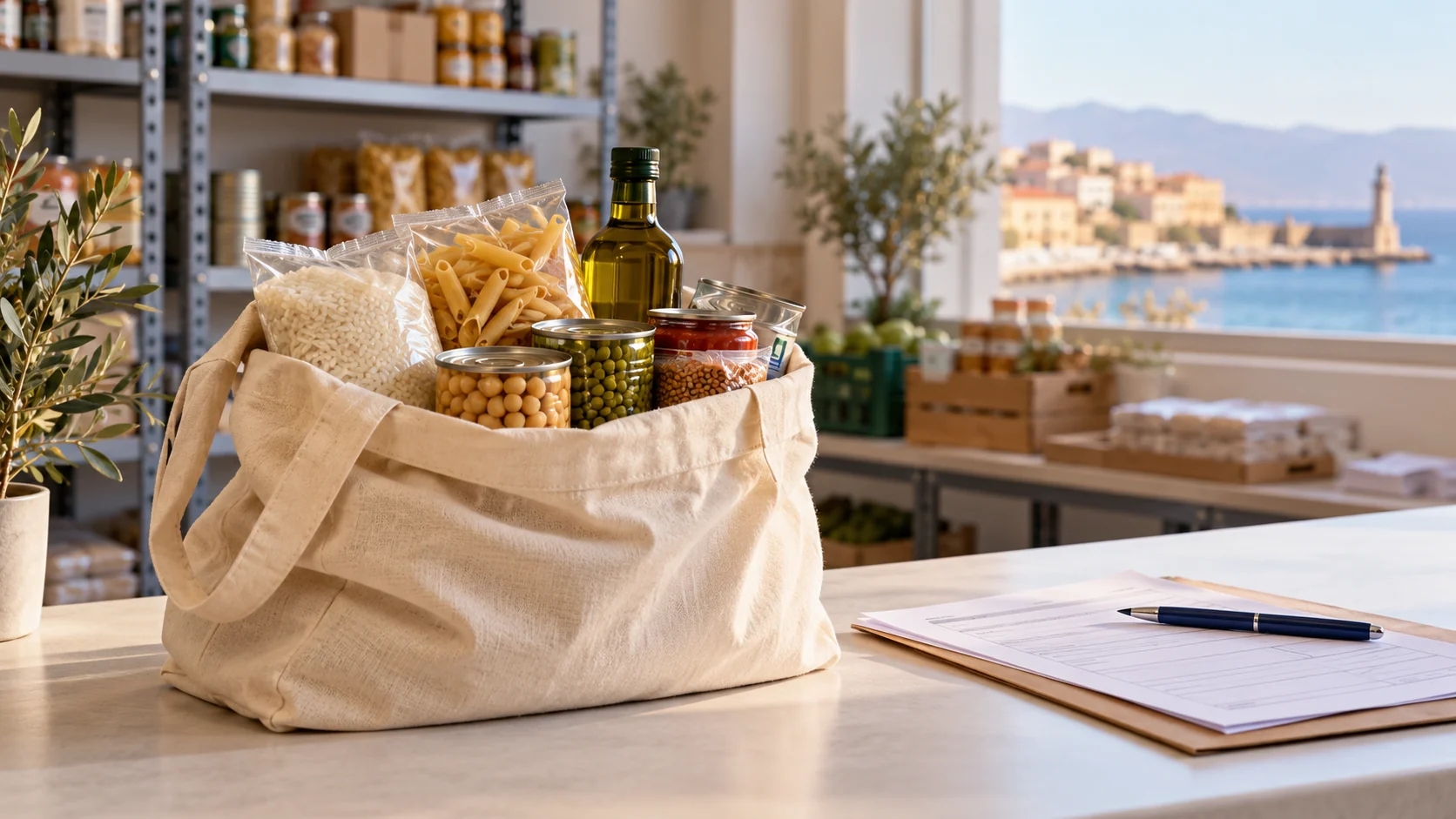 A bag of pantry staples beside application papers