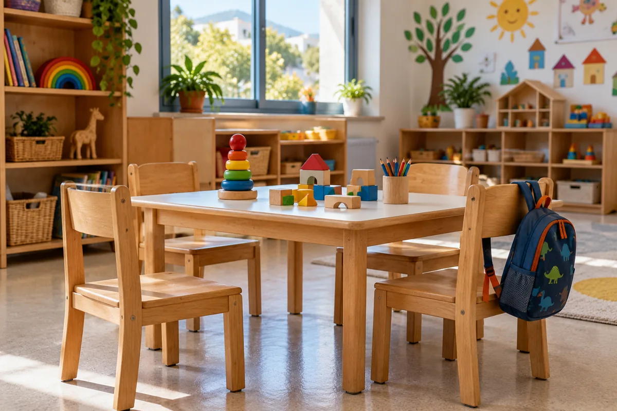 Small chairs, educational toys and a backpack in a bright preschool classroom