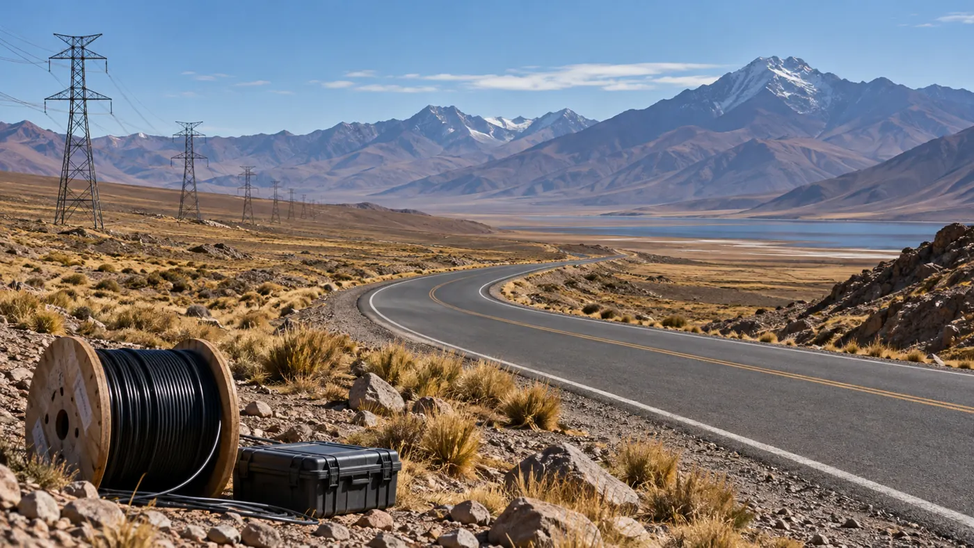 Road across an Andean plateau, with a power line and a cable spool in the foreground