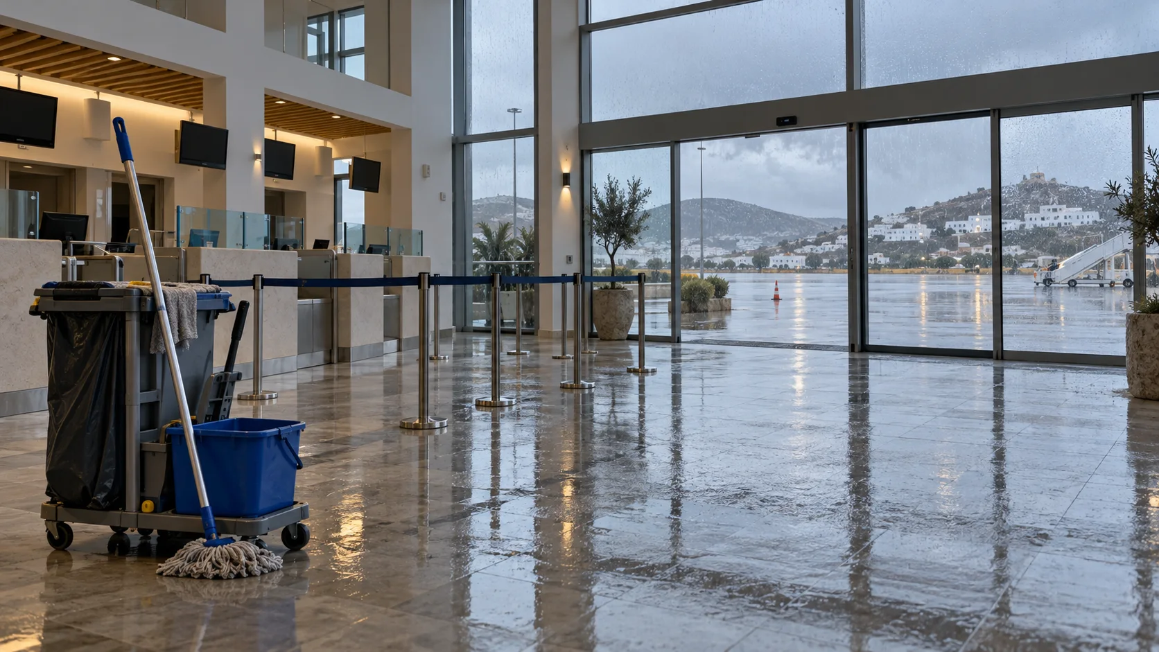 Cleaning equipment in a small island airport hall with rain outside the windows