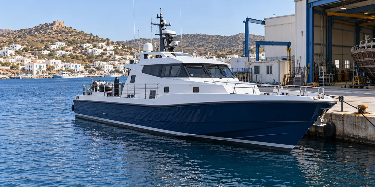 A white and blue patrol boat moored at a shipyard quay