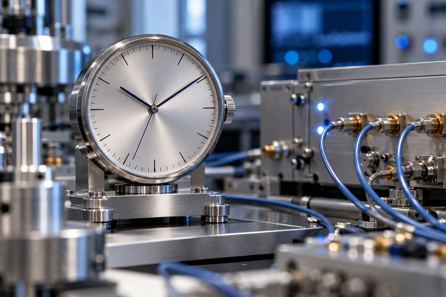 Precision analog clock and laboratory equipment with cables on a metal bench