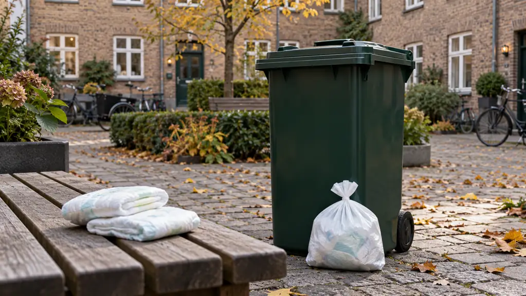 Closed green bin, tied bag and clean diapers in a Scandinavian courtyard