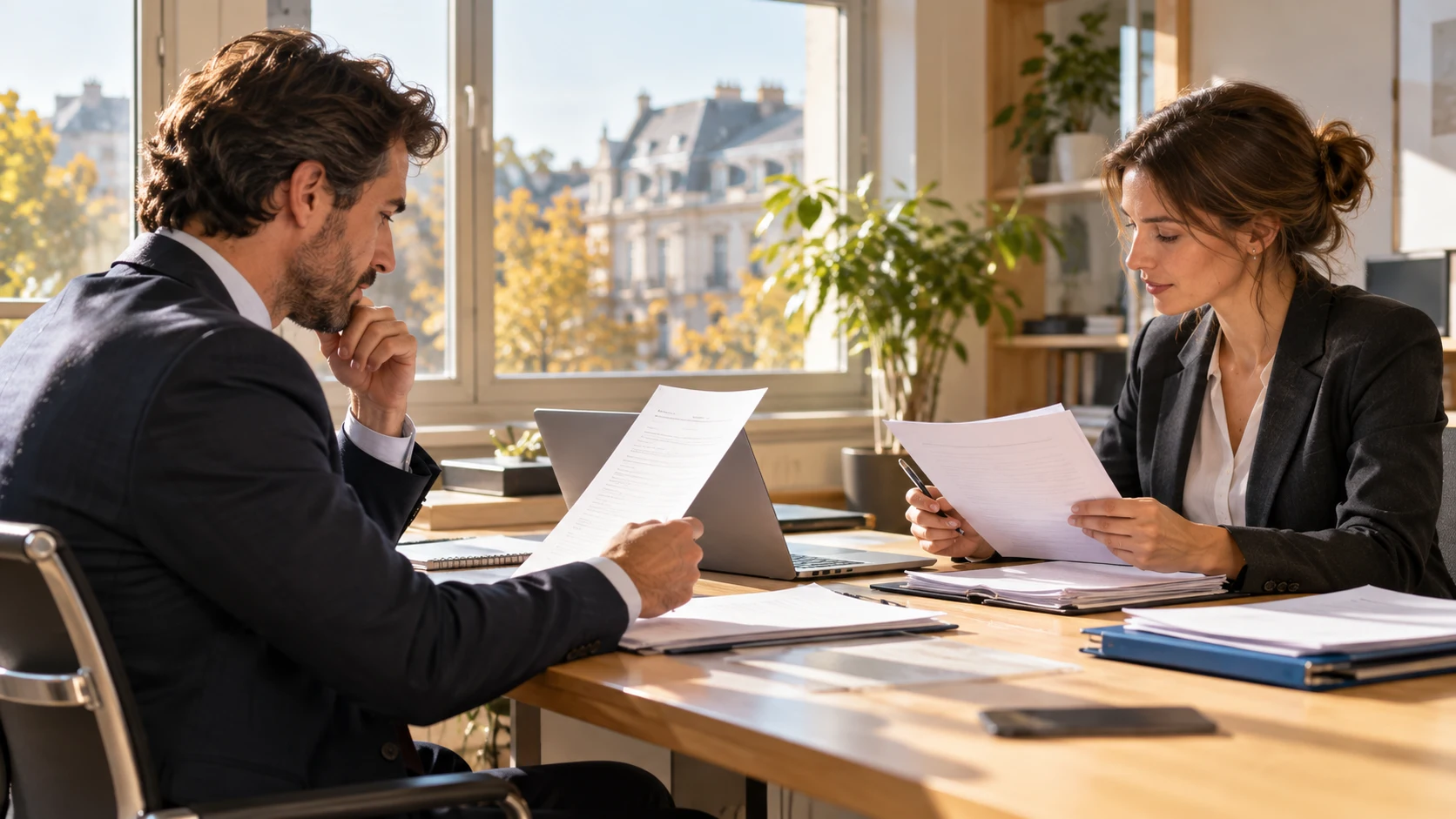 Two professionals review documents in a bright office