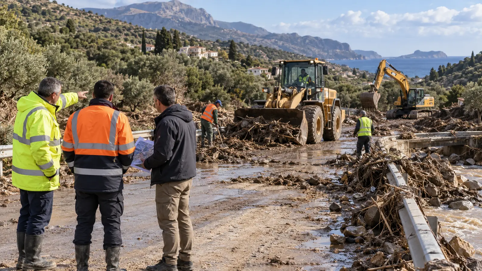 Civil protection crews and heavy machinery clear flood debris from a road in Crete